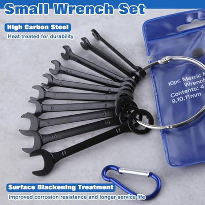 10PCS Mini Wrench Set Standard Metric 4mm-11mm | Black Electrophoretic Coating, Portable Pouch and Key Rings, Ignition Wrenches Open End and Box End Combination Wrench Set - size: Metric