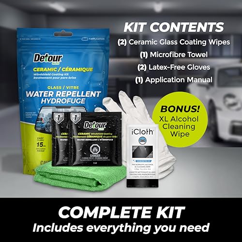 Detour Ceramic Windshield Coating Kit - Long-Lasting Water Repellent Glass Coating, Ultra-Hydrophobic Treatment for Improved Visibility, Quick and Easy Application, for Cars, Trucks, Boats and More