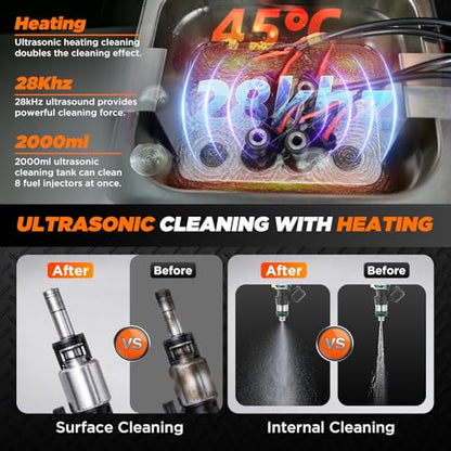 Fuel Injector Cleaner Tester Machine，4-Cylinder Ultrasonic Heating Cleaning | 4 Test Functions, 9 Test Modes, 2000ml Cleaning Tank, 110V Fuel System Injection Cleaning Kit for 12V Gas Car & Motorcycle