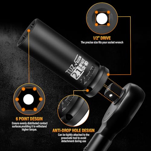 5 Pieces 1/2 inch Drive Deep Impact Socket Set, Metric,15mm 17mm 19mm 21mm 22mm,Cr-Mo,6-Point,Spindle Axle Nut Impact Socket | Cr-Mo, Radius Corner Design, Spindle Axle Nut Impact Socket, 6-Point