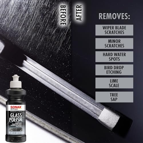 SONAX PROFILINE GlassPolish (250 ml) - removes slight scratches, blinding and etching from car windows made from glass. Silicone free | Item No. 02731410 | For removing slight scratches, blinding and etching from windscreens and side windows made from gla