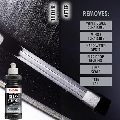 SONAX PROFILINE GlassPolish (250 ml) - removes slight scratches, blinding and etching from car windows made from glass. Silicone free | Item No. 02731410 | For removing slight scratches, blinding and etching from windscreens and side windows made from gla
