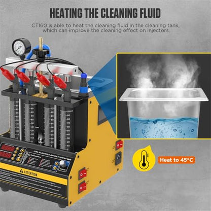CT160 Fuel Injector Cleaner Tester, 4-Cylinder Ultrasonic Machine, 110V | 4-cylinder fuel injector cleaner tester with ultrasonic cleaning, spray test, leakage test, heated tank and pressure control - color: Yellow