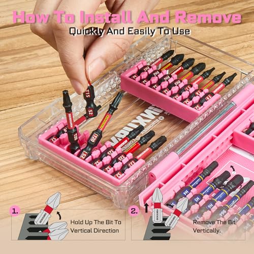 Geinxurn 28Pieces Impact Screwdriver Bits Set, Magnetic S2 Steel Phillips/Slotted/Square/Torx Insert Power Bits Tips, Impact Bit Holder with Pink Storage Box Case - style: STKB028-PK