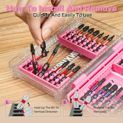 Geinxurn 28Pieces Impact Screwdriver Bits Set, Magnetic S2 Steel Phillips/Slotted/Square/Torx Insert Power Bits Tips, Impact Bit Holder with Pink Storage Box Case - style: STKB028-PK