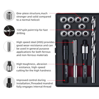 M8X1.25 Metric Thread Repair Kit with Insert HSS Drill, Tap, Installation Driver, Counterbore, Two Sizes Stainless Steel Insert 5PCS 11.7MM and 5PCS 16.2MM
