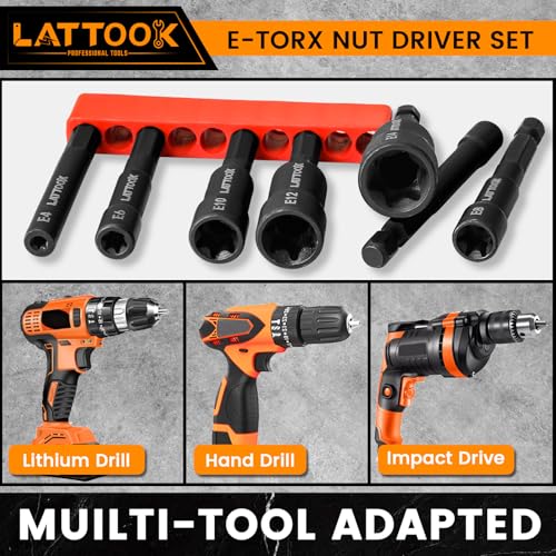 7PCS E-TORX Nut Driver Set | 1/4'' Hex Shank, Female Torx Nut Driver, External Star Nut Driver Set for Impact Drill, E4 E5 E6 E8 E10 E12 E14