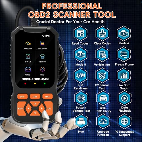 Professional V520 OBD2 Scanner – Advanced Car Diagnostic Tool with Live Data, Check Engine Reset, ABS/SRS Scan, Mode 6 & 8, Oxygen Sensor & Battery Test – Works with All Cars 1996+ (OBDII/EOBD)