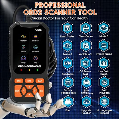 Professional V520 OBD2 Scanner – Advanced Car Diagnostic Tool with Live Data, Check Engine Reset, ABS/SRS Scan, Mode 6 & 8, Oxygen Sensor & Battery Test – Works with All Cars 1996+ (OBDII/EOBD)