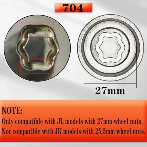 JL 704 for 27mm Nuts, Wheel Locking Nut Key for Jeep (JL) Dodge | Wheel Lock Nut Socket Adapter, Anti-Theft Lug Nut Removal Tool, Anti-Theft Screw Remover, Repair Tool, Tyre Fitting, garage - size: 704