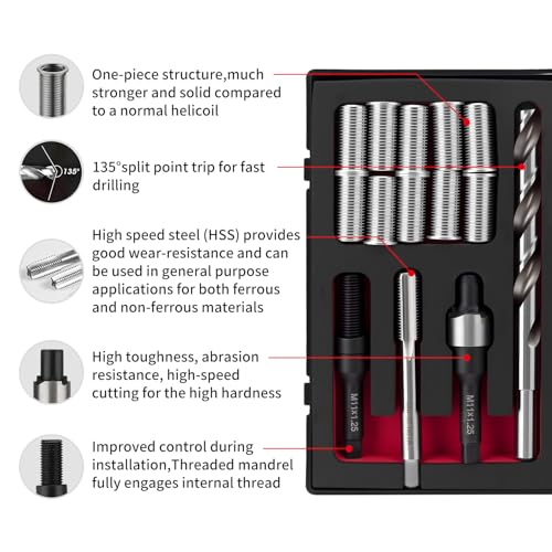 M11X1.25X28.2MM Thread Repair Kit with Insert HSS Drill, Tap, Counterbore, Installation Driver, Metric, 10PCS Stainless Steel Insert M11X1.25X28.2MM