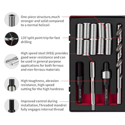 M11X1.25X28.2MM Thread Repair Kit with Insert HSS Drill, Tap, Counterbore, Installation Driver, Metric, 10PCS Stainless Steel Insert M11X1.25X28.2MM