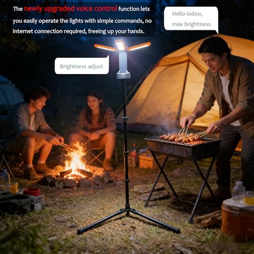 iodoo Voice Control 13200mAh Rechargeable Solar Work Light with Folding Stand Support and Portable Carrying Bag, 8000 Lumen Stepless Dimmable, 4 Lighting Modes, White/Warm/Warm White (Voice Control) - size: Orange(Voice Control)