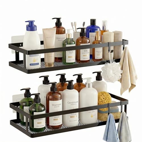 PUSDON 2-Pack Minimalist Shower Caddy Wall Mount, Open Frame Bathroom Shelf Organizer with Mesh Base, Rustproof Floating Spice Rack for Kitchen, Holds 50 LBS, 4 Hooks - Matte Black, Guardrail - color: Matte Black, size: Minimalist Open (12.6" Wide)