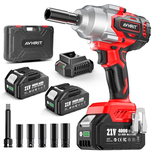 Avrhit 1300N.m(960ft-lbs) Cordless Impact Wrench, Electric Impact Gun 1/2 Inch, 2200RPM Power, 2x 4.0Ah Batteries, High Torque Impact Driver for Car/Truck RV/Mower - color: Blood Red
