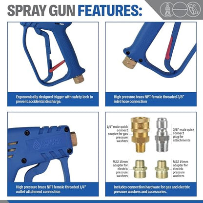 Essential Washer Brass Pressure Washer Gun and Hose Kit | M22 Adaptors | 18" Extension Wand | Nozzle Guard - style: Brass Non Swivel Gun With Wand/Hose