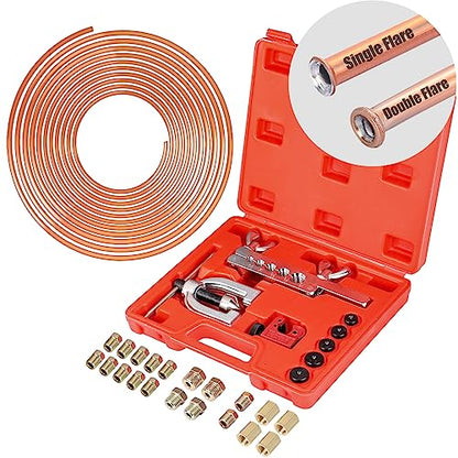 Brake Line Kit, 3/16" Brake Line Flaring Tool Kit, Copper Coated Brake Line (With 16 Fittings and 4 Threads Unions) and Double & Single Flare Tool (With Tube Cutter And 5 Adapters) - size: 3/16" Brake Line Kit