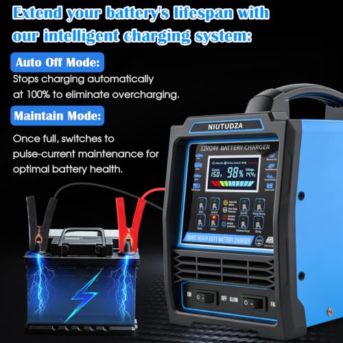 12V 24V Car Battery Charger Heavy Duty 0-15A Automatic Battery Maintainer, Smart Trickle Charger with Fast & Slow, Auto Shutoffs, Repair, Winter Mode for Car Truck Motorcycle Lawn Mower Boat
