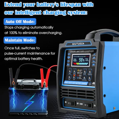 12V 24V Car Battery Charger Heavy Duty 0-15A Automatic Battery Maintainer, Smart Trickle Charger with Fast & Slow, Auto Shutoffs, Repair, Winter Mode for Car Truck Motorcycle Lawn Mower Boat