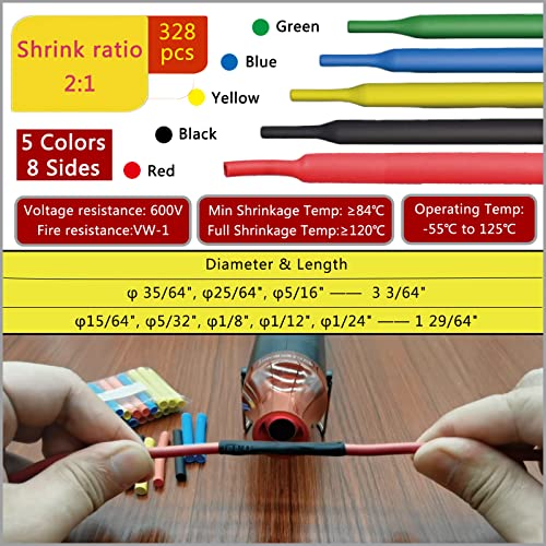 Heat Shrink Tubing Kit + Mini Heat Gun for Shrink Tubing - 328pcs 2:1 Wire Shrink Wrap Tubing + 300W Heat Shrink Gun with Storage Box - for Shrink Wraping,Wire and Cable Repair,Insulation Protector