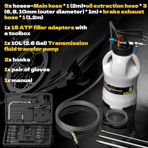 KJE 10L Transmission Fluid Pump and Oil Extractor Tool Kit, Pneumatic Transmission Fluid Pump, 2-Way Vacuum Fluid Evacuator Kit with 15 PCS ATF Filler Adapters and 5 Hoses for Automotive Use