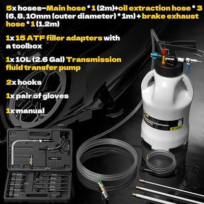 KJE 10L Transmission Fluid Pump and Oil Extractor Tool Kit, Pneumatic Transmission Fluid Pump, 2-Way Vacuum Fluid Evacuator Kit with 15 PCS ATF Filler Adapters and 5 Hoses for Automotive Use