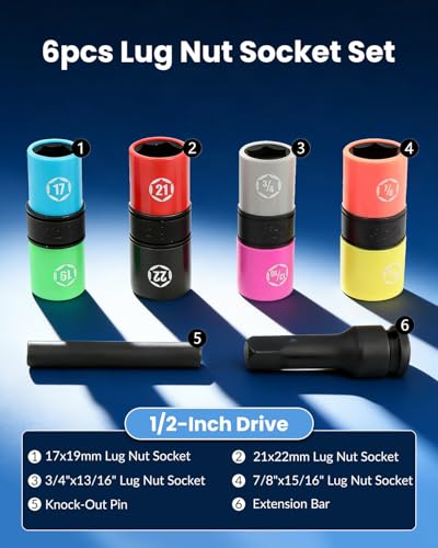 DPTOOL Lug Nut Socket Set 1/2" Drive Wheel Impact Flip Socket Set | with Metric 17 19 21 22 MM & SAE 3/4 13/16 7/8 15/16 in Sockets Non-Marring Thin Wall Lug Nut Removal Tool - size: SAE Metric 6PC