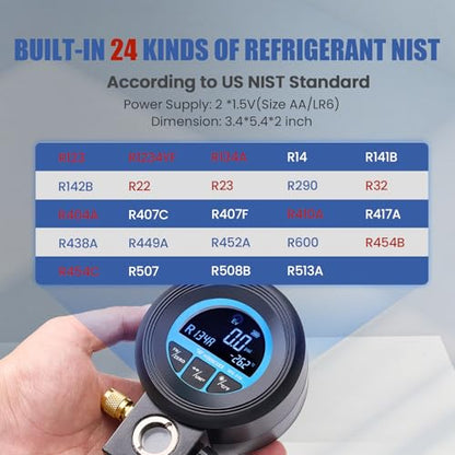 WISSCOOL Digital Gauge HVAC for R134A,R454B,R1234y,R32,R22,R410a | Pressure Recharge Manifold Gauge with LCD 24 Kinds Refrigerants Leak Detection AC Single Test Gauges for AC Charging