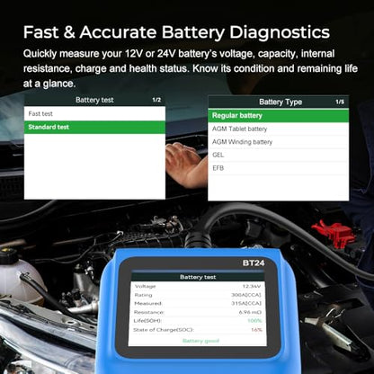 Veepeak 12V 24V Car Battery Tester, 100-2000 CCA Auto Load Analyzer | Cranking & Alternator Test, Fast Diagnostics for 12V 24V Lead-Acid Batteries, Suitable for Cars Trucks Boats Motorcycles