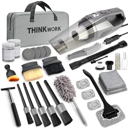 THINKWORK Car Cleaning Kit, Car Detailing Kit Interior Cleaner with High Power Handheld Vacuum, 10Pcs Detailing Brush and Storage Bag, Gray Auto Interior Cleaning Kit for Men - color: Gray