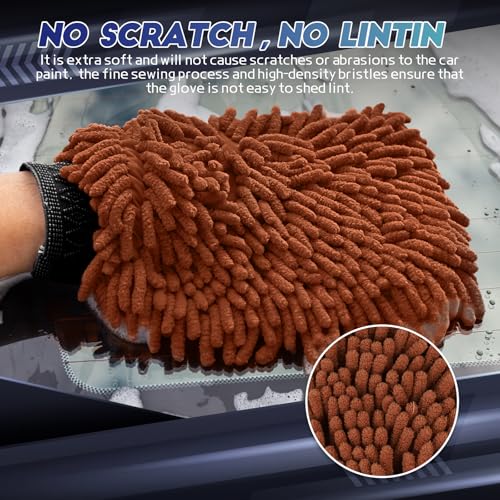 wuyaoyao 2PCS Car Wash Mitt, 10.14"×7.12" Chenille Microfiber Car Wash Mitts, Scratch-Free & Lint-Free, Absorbent Double Sided Clean Glove for Cars Cleaning, Auto Cleaning Supplies (Brown) - color: Brown