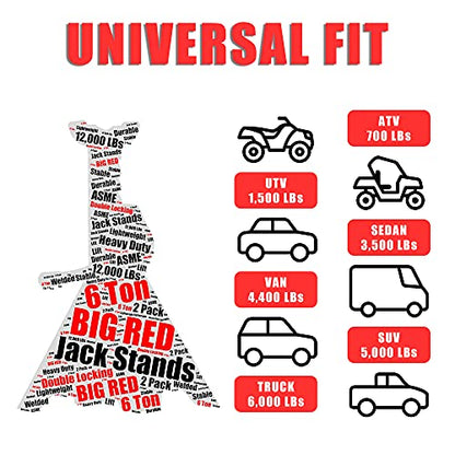 BIG RED T46002A Torin Steel Jack Stands: Double Locking, 6 Ton (12,000 lb) Capacity, Red, 1 Pair - size: 6 Ton, style: Double Locking