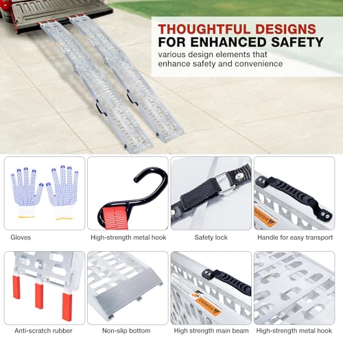 1840lb Capacity Truck Ramps, Aluminum Folding Loading Ramps for Car, Truck & Trailer Bed - with Load Straps for ATV/UTV, Golf Carts, Lawn Mowers, Go-Karts, Wheelbarrow, Motorcycles