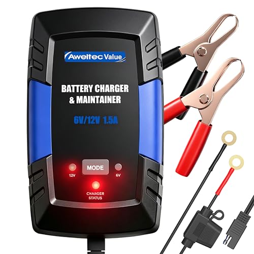 Smart Car Battery Charger,1.5A 6V/12V Maintainer,Automatic Tender Trickle Charger with Memory Function,LED Light,12FT Cables for Vehicle Lead-Acid & Lithium Batteries (Blue) - color: Blue