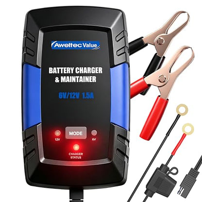 Smart Car Battery Charger,1.5A 6V/12V Maintainer,Automatic Tender Trickle Charger with Memory Function,LED Light,12FT Cables for Vehicle Lead-Acid & Lithium Batteries (Blue) - color: Blue