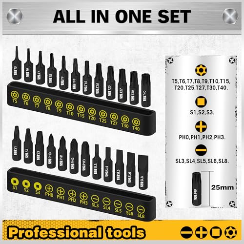 26-Piece Magnetic Security Torx Screwdriver Bit Set - 1/4 inch Magnetic Bit Driver, T5-T40, Ergonomic Cushion Grip 95mm & 210mm Handles, Torx, Square, Phillips, Slotted Bits - color: 26-piece Black