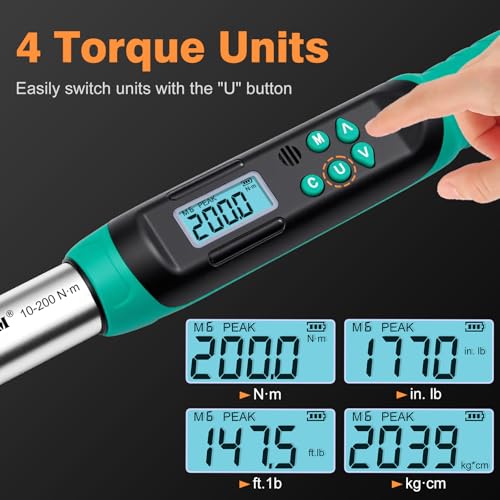 Digital Torque Wrench 1/2" Drive, 7.4–147.5 Ft-lbs / 10–200 N·m, ±2% Accuracy, Dual-Direction Ratchet, Electric Torque Wrench with Buzzer & LED Indicator for Bike, Motorcycle, Auto Repair
