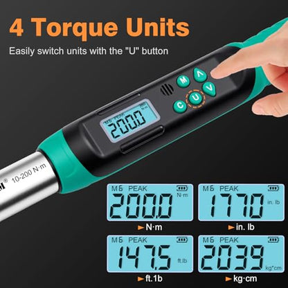 Digital Torque Wrench 1/2" Drive, 7.4–147.5 Ft-lbs / 10–200 N·m, ±2% Accuracy, Dual-Direction Ratchet, Electric Torque Wrench with Buzzer & LED Indicator for Bike, Motorcycle, Auto Repair
