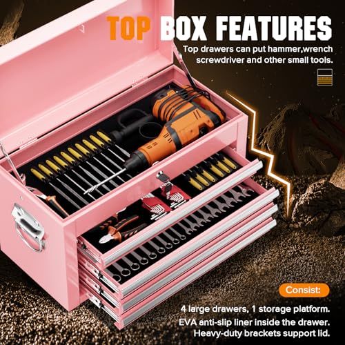 Oakcloud Heavy-Duty 5-Drawer Rolling Tool Chest & Cabinet Combo with Black Liner – Lockable Steel Garage Tool Box on Wheels – Detachable Top Toolbox & Bottom Storage Cart with Side Hooks, Pink - color: Pink, size: 5-drawer