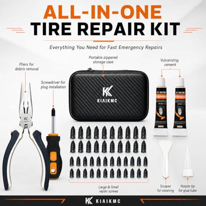 Tire Repair Screws Kit, Screw in Tire Plugs for Emergency Puncture Repair, Rubber Nail Screw in Tire Plug Kit with Pliers, Screwdriver & Rubber Cement for Tubeless Tires