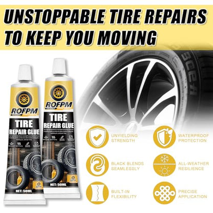 Tire Repair Glue Kit, 100ml Tire Repair Adhesive Black, Strong Bonding Professional Rubber Cement for Car, Motorcycle, Jeep, Truck, Rc (1.69floz *2)