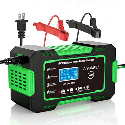 12V 6-Amp Battery Charger, Smart Trickle Charger Maintainer Green | Battery Desulfator, Winter & Summer Mode, Lead-acid Battery Chargers, for Car Truck Motorcycle Lawn Mower Boat - color: GREEN