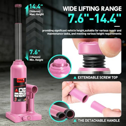 DNA Motoring 3 tons / 6000 lbs Lifting Automotive Welded Hydraulic Bottle Jack for Car SUV Pickup Truck, Auto Repair, with Manual Handle & Carrying Storage Case, Pink - color: Pink, style: 3 ton