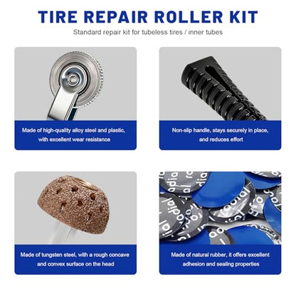 34 PCS Tire Patch Roller Kit, 35mm 43mm 58mm Auto Tire Tube Patches Kit with Roller & Scraper, Portable Wheel Repair Stitcher Tool for Car Truck Motorcycle Bike Grinding