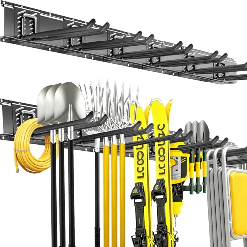 Garage Tool Organizer Wall Mount, 48 Inch Heavy Duty Garden Tool Organizer Storage System, Easy Install with 6 Adjustable Straight Hooks, for Garage, Basement, Shed, Workshop, Black, Steel - size: 48inch+6Straight Hooks