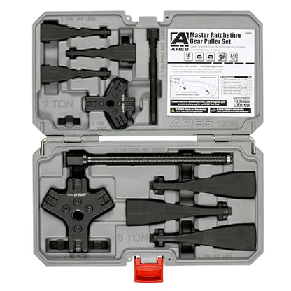 ARES 15095 – Master Ratcheting Gear Puller Set – Premium Chrome Moly Steel Gear Puller Yolk Set Includes 2-Ton and 5-Ton Units – Indexing Jaws Feature Convertible 2-Leg and 3-Leg Functionality - size: Master Ratcheting Gear Puller Set