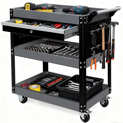 Tool Cart,27.5" 3 Tier Tool Cart on Wheels,Utility Industrial Service Cart with Drawers,Pegboard and Locking System,Suitable for Garage,Warehouse,Mechanic,440LBS Load,Black - size: Black