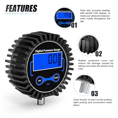 MEANLIN MEASURE 0-300PSI Digital Pressure Gauge with Rubber Cover, Lower Mount, Accuracy 1%, Resolution 0.1psi, with 1/8" x 1/4" and 1/8" x 3/8" NPT Hex Bushing - size: 0 - 300 PSI, style: Lower Mount (1/8 NPT)