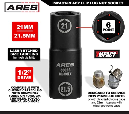 ARES 59023 21x21.5mm Half Size Lug Nut Flip Socket - 1/2-In Drive | Removes Warped, Damaged & Bloated Chrome Capped Lug Nuts - size: 21 x 21.5mm