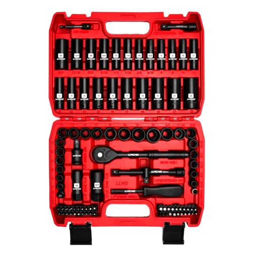 LLNDEI 3/8”Drive Impact Socket Set,Standard SAE(5/16 to 3/4-Inch) Metric Size(8-22mm), 95 Piece, CR-V Steel Deep&Shallow Kit, Adapters, Ratchet Handle, Screwdriver Bit Set, Spark Plug Socket, 6 Point - size: 95-Piece 3/8" Drive Impact Socket Set